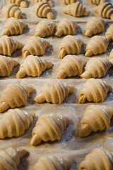 Shot of many croissants in row already smeared with egg in a bakery