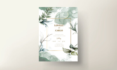 wedding invitation template with beautiful leaves watercolor