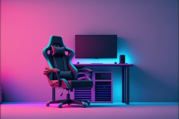 Gamer setup illustration with gamer chair, gradient background. Generative AI