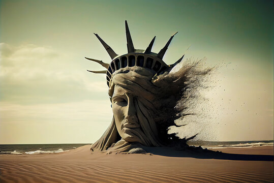 statue of liberty with head in hands, breakdown of society concept, generative ai