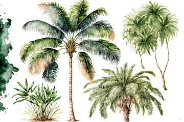 Green palm tree painted in watercolor and set against a white background. old fashioned coconut trees tropical rainforest with flowers. Generative AI - obrazy, fototapety, plakaty