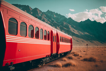 Fototapeta premium Red train in the beautiful summer mountains. Illustration Generative AI