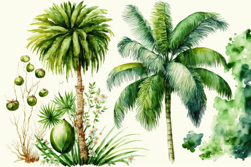 Fototapeta na wymiar Green palm tree painted in watercolor and set against a white background. old fashioned banana and coconut trees tropical rainforest with flowers. Generative AI