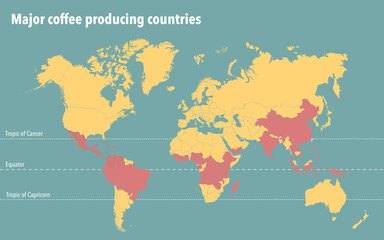 Fototapeta na wymiar World map with the major coffee producing countries