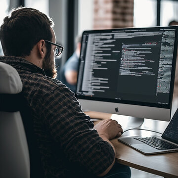 Developer working on new app software, checking coding in bugging system.