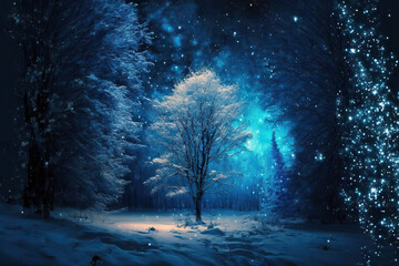 Free space in a blue seasonal environment with glittering enchantment forests in the winter as the backdrop. Generative AI