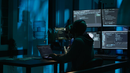 Software engineer yawning and feeling tired late at night, working on cloud computing with artificial intelligence. Coder falling asleep and being exhausted at job, programming code.