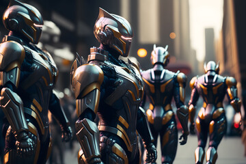 Many modern futuristic male humanoid robots with metal outfit. Neural network generated art