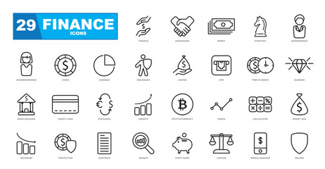 Finance and business line icons collection. Thin outline icons pack. Contains such Icons as Gainers and Losers, Portfolio Analysis, Financial Report and more.