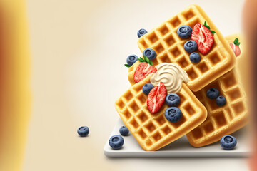 Belgian waffle ads with delicious fruit and cream. Illustration Generative AI