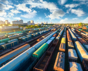 Fototapeta na wymiar Drone view of freight trains at sunset. Colorful railway cargo wagons on railroad. Aerial view of colorful wagons, city, blue sky with clouds. Depot of freight trains. Railway station. Transportation