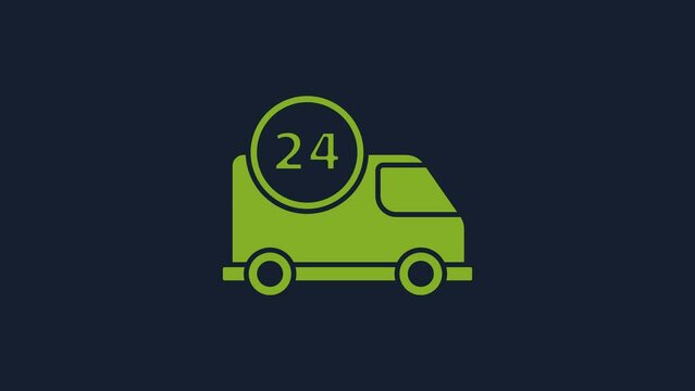 Yellow Fast round the clock delivery by car icon isolated on blue background. 4K Video motion graphic animation