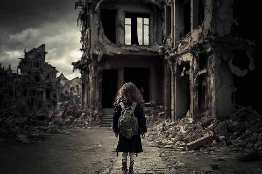 Little girl returning to destroyed ruined home town after war. Illustration Generative AI