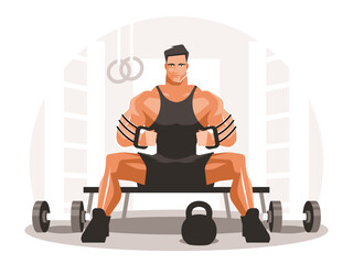 An athlete trains with a rubber expander in the gym. Healthy lifestyle concept. Vector illustration