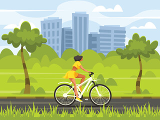 Young woman rides a bicycle in a city park on the background of the metropolis. Vector illustration