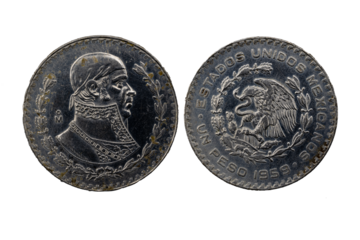 Reverso y anverso de la Moneda de un peso de 1959, con la imagen de Morelos y el escudo del águila devorando una serpiente Estados Unidos Mexicanos


