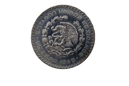 Anverso de la moneda de un peso de 1959, el escudo del águila devorando una serpiente, Estados Unidos Mexicanos