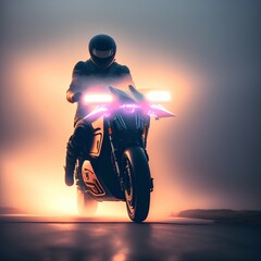 high powered motorcycle , Fog with backlight in the background - generative ai