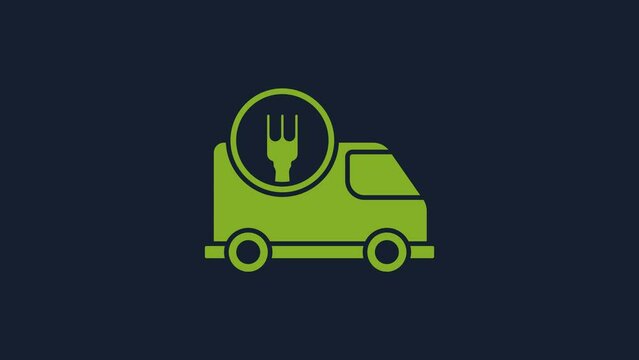 Yellow Fast round the clock delivery by car icon isolated on blue background. 4K Video motion graphic animation