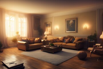Living Room Scene with Lights - generative ai