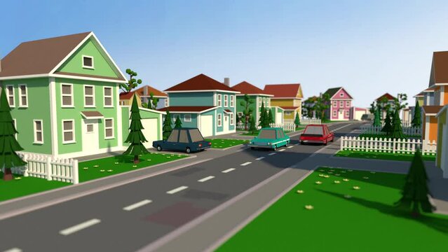 Small cozy town. Cars drive down the street. Low poly animation. Cartoon city with small houses. 3D render.