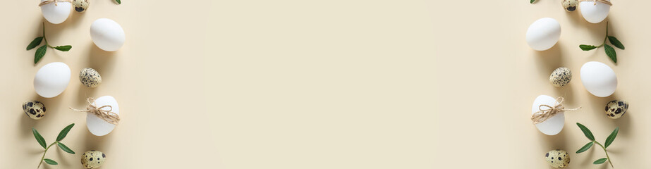 Banner with Easter eggs and leaves on light background with space for text