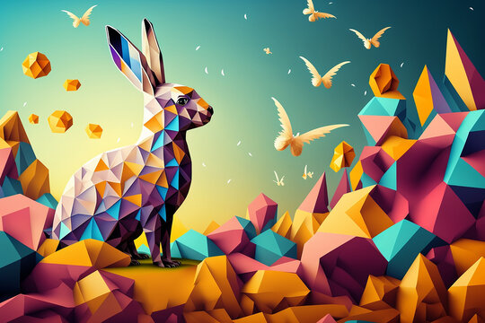 Cute Happy Easter in Cubism Style. Illustration Generative AI