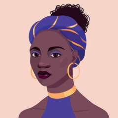 Young black woman portrait. Illustration of social avatar on colourful background