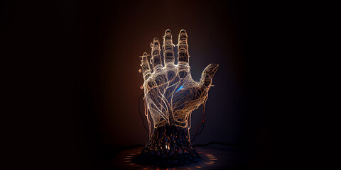 Obraz na płótnie Canvas Futuristic cyborg hand on a dark background, made with Generative AI