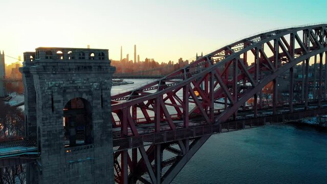 Astoria Bridge in New York City. Skyline of New York from Astoria, Queen. Sunset in New York City from Hellsbridge