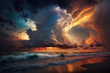 Fototapeta na wymiar Dramatic clouds over ocean sunset, ai