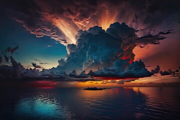 Fototapeta na wymiar Dramatic clouds over ocean sunset, ai