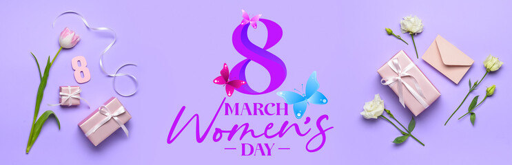 Beautiful greeting card for International Women's Day celebration with gifts