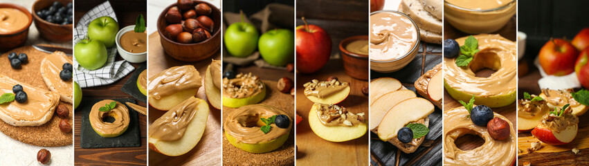 Set of fresh apples and bread slices with nut butter, blueberries and hazelnuts on table