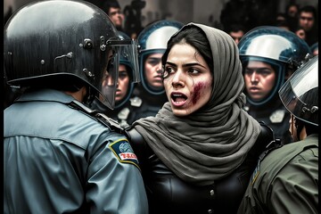 Muslim woman bleeding on her cheek attending the protest, armed man holding her, generative ai
