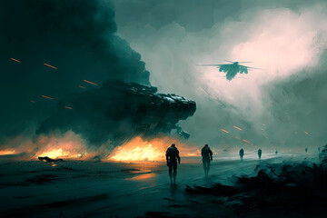 Spaceships flying, storm in distance, tsunami, explosions, soldiers and tanks firing fog. Generative AI