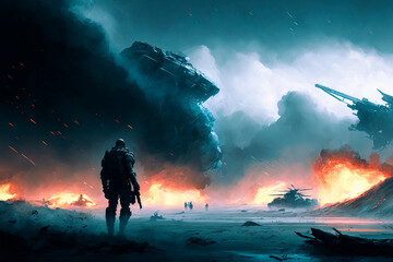 Spaceships flying, storm in distance, tsunami, explosions, soldiers and tanks firing fog. Generative AI