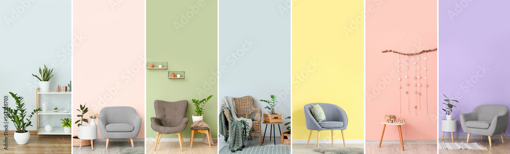 Wall mural Set of minimalist interiors with stylish furniture and decor near color walls