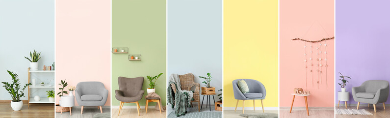 Set of minimalist interiors with stylish furniture and decor near color walls