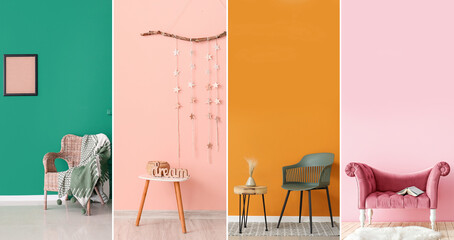 Collage of minimalist interiors with trendy furniture and decor near color walls