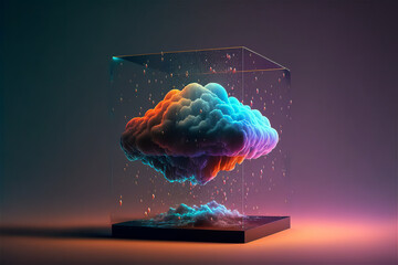 Creative cloud concept in glass cube. Cloudscape digital metaverse infrastructure. Generative AI