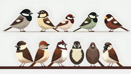 Sparrows in a row, World Sparrow day illustration, Sparrow isolated white background 