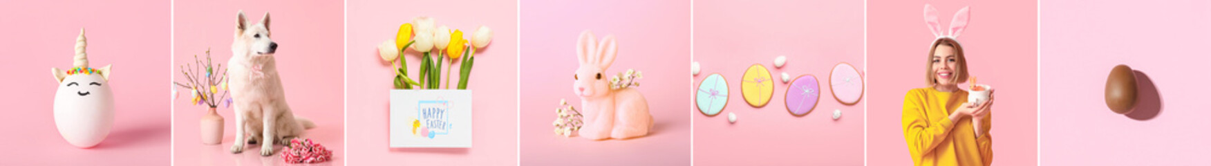 Collage with different Easter symbols on pink background