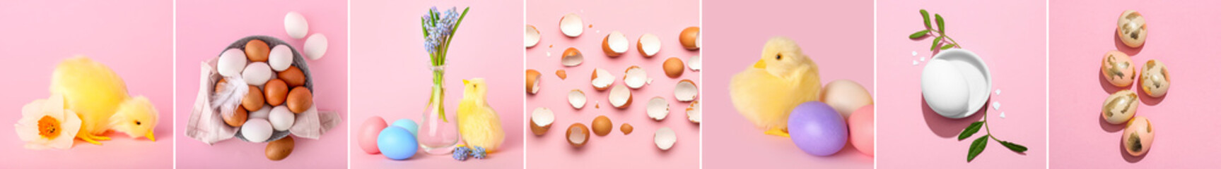 Collage with different Easter symbols on pink background