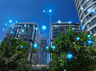 View of modern skyscrapers in city. Concept of internet