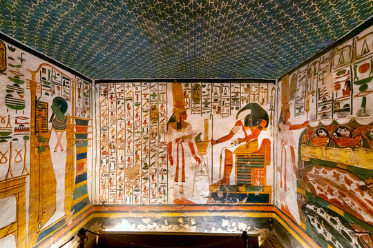 General interior view of one of the walls inside Tomb QV66 of Queen Nefartari, showing Nefertari and the Moon God Thoth in the Valley of the Queens Luxor Egypt on November 17 2022.