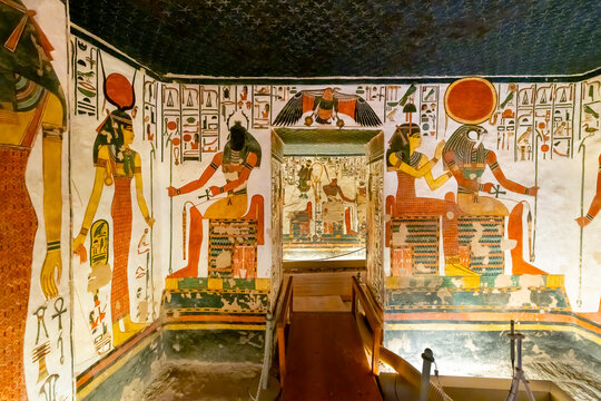 General interior view of the lower Chambers of Tomb QV66 Queen Nefertari, with Gods Hathor, Sekhmet, and Ra Horakhty visible, in the Valley of the Queens, Luxor Egypt on November 17 2022.