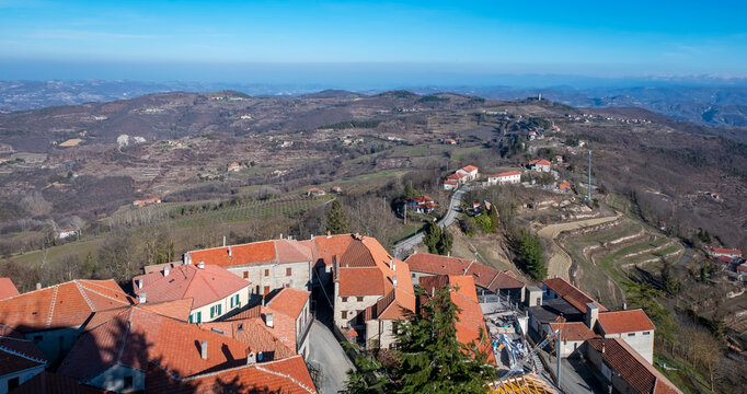 Aerial view of Roccaverano, small city in the hilly region of Langhe (Piedmont, Northern Italy); this area is world famous for valuable wines and hazelnuts productions.