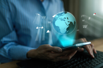 Online shopping in global e-comerce market concept with virtual touch screen