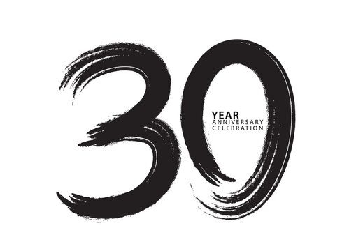 30 year anniversary celebration logotype black paintbrush vector, 30 number design, 30th Birthday invitation, anniversary template, logo number design vector, calligraphy font, typography logo